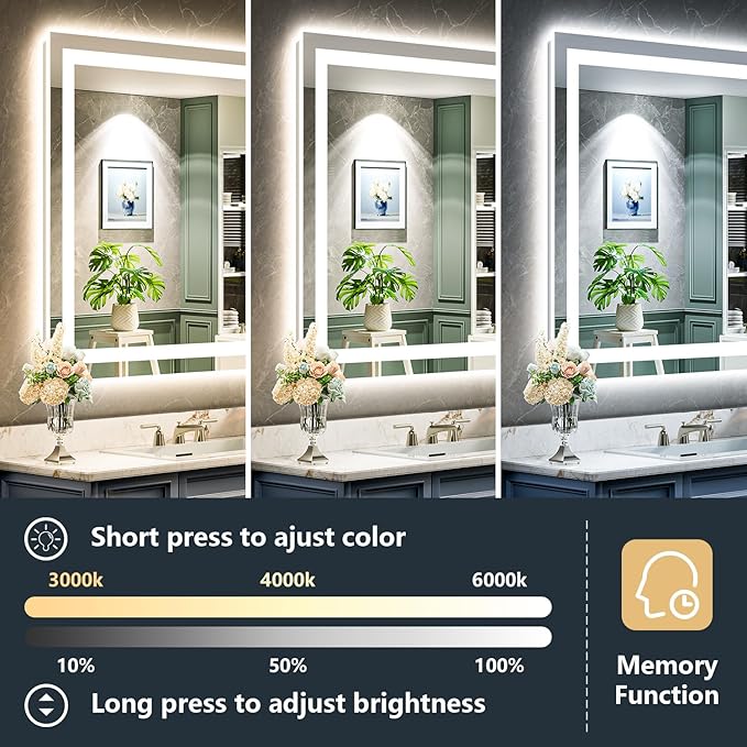 YEELAIT 28x32 Inch LED Bathroom Mirror with Lights Front and Backlit Lighted Vanity Mirror for Bathroom Wall with 3 Colors Dimmable Anti-Fog Memory Shatter-Proof IP54 Waterproof Horizontal/Vertical