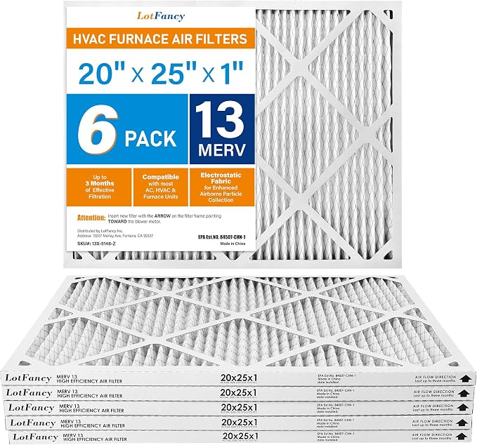 LotFancy 20x25x1 Air Filter MERV 13 6-Pack, Electrostatic Pleated HVAC Furnace