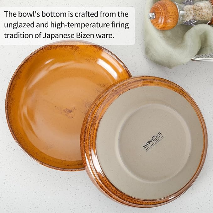 HAPPY KIT 9'' Pasta Bowls, 42oz Pasta Bowls Set of 4, Large Salad Bowl, Ceramic Serving Bowls,Double Reactive Glaze, Ideal for Housewarming, Festivals, Microwave Safe (Ocher)
