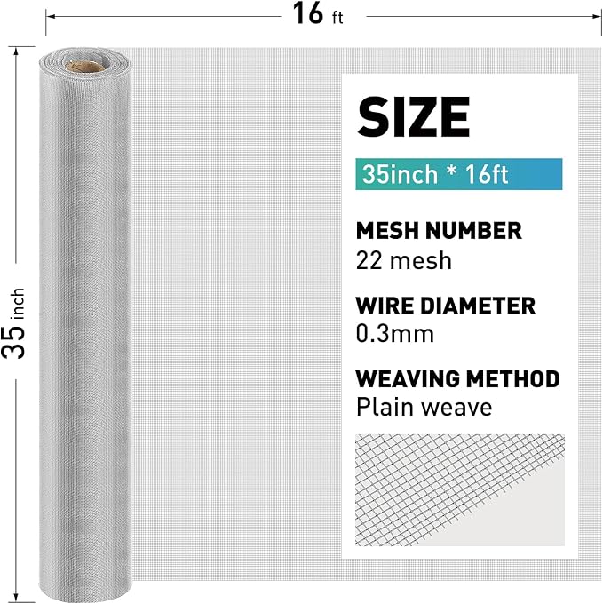304 Stainless Steel Mesh Window Screen Roll, 35IN x 16FT Silver Metal Window