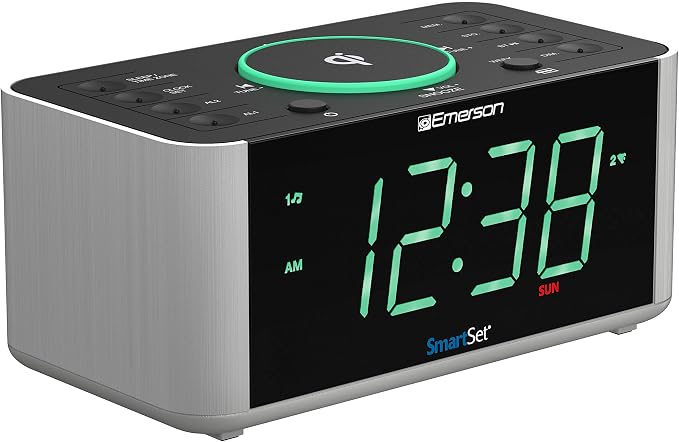 Emerson ER100202 Smartset Dual Alarm Clock Radio with USB Port and QI Wireless Phone Charger with Bluetooth All Qi Compatible Phones
