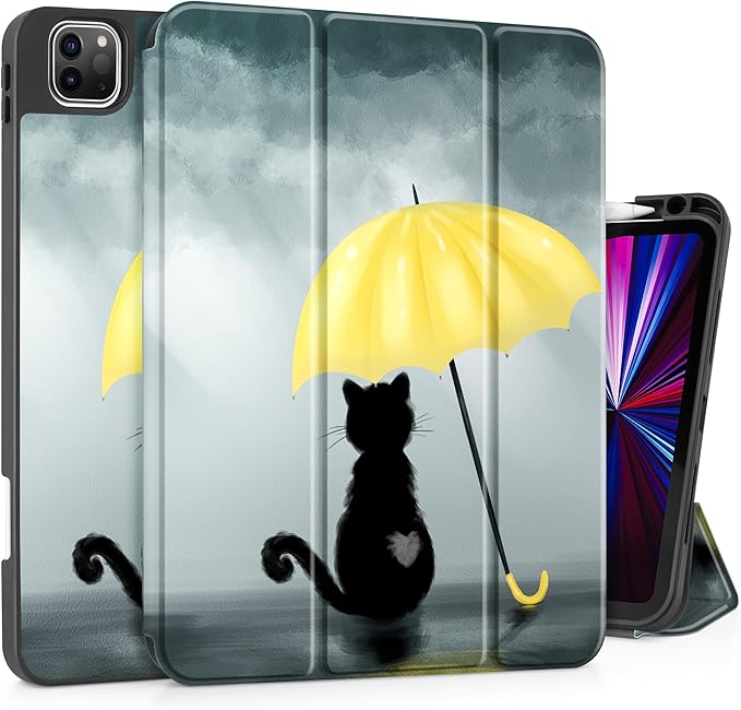 Tuiklol for iPad Pro 11 Inch 4th / 3rd / 2nd / 1st Gen Case 2022 2021 2020 | 2018 Build-in Pencil Holder with Stand TPU Back Cover &amp Trifold Stand &amp Auto Wake/Sleep Tablet Case Black Cat