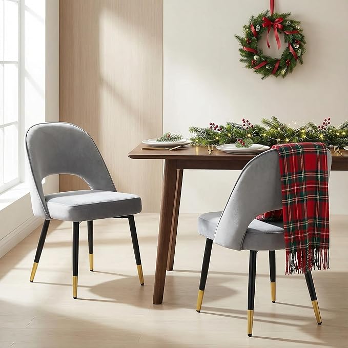 LukeAlon Modern Velvet Dining Chairs Set of 2, Upholstered Open Back Kitchen Chairs with Metal Legs Armless Side Chairs Mid Century Parsons Chair for Dining Room, Grey