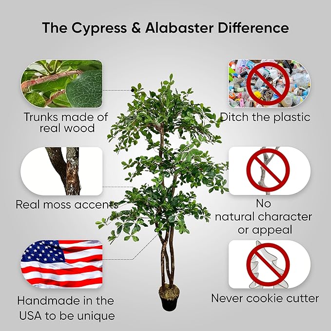 Cypress & Alabaster Handmade 6.5ft 3-Tier Italian Black Olive Leaf Artificial Tree with Ethically Sourced Real Wood Trunks, Hypoallergenic, 6.5-Foot, Green
