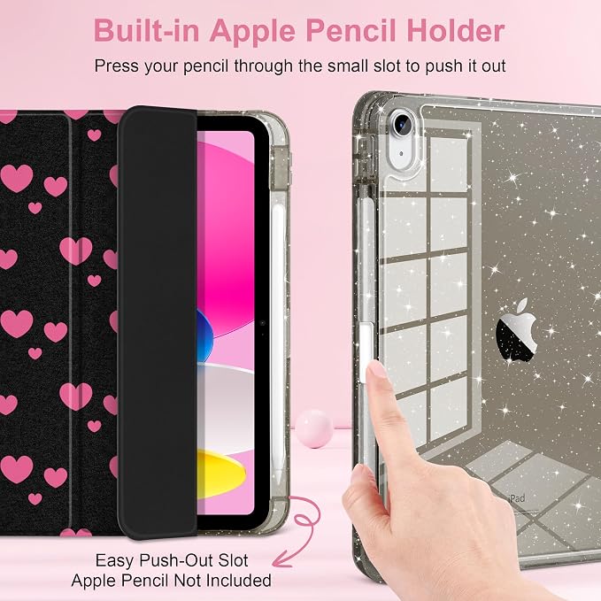 MEEgoodo Case for iPad A16 11th Generation 2025/10th Generation 2022 Glitter Tablet Cases with Transparent Acrylic Back+Trifold Stand +Pencil Holder+Auto Wake/SleepAbstract Sun &amp Palm Tree