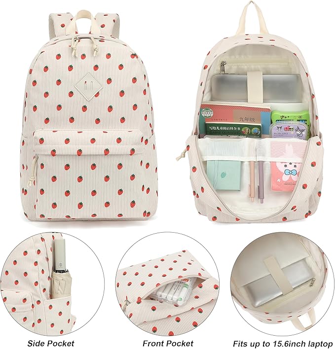 Corduroy Girls Backpack Set, 3PCS School Backpacks for Kids Elementary Middle School Bags with Lunch Box Pencil Case (Beige Corduroy Strawberry)