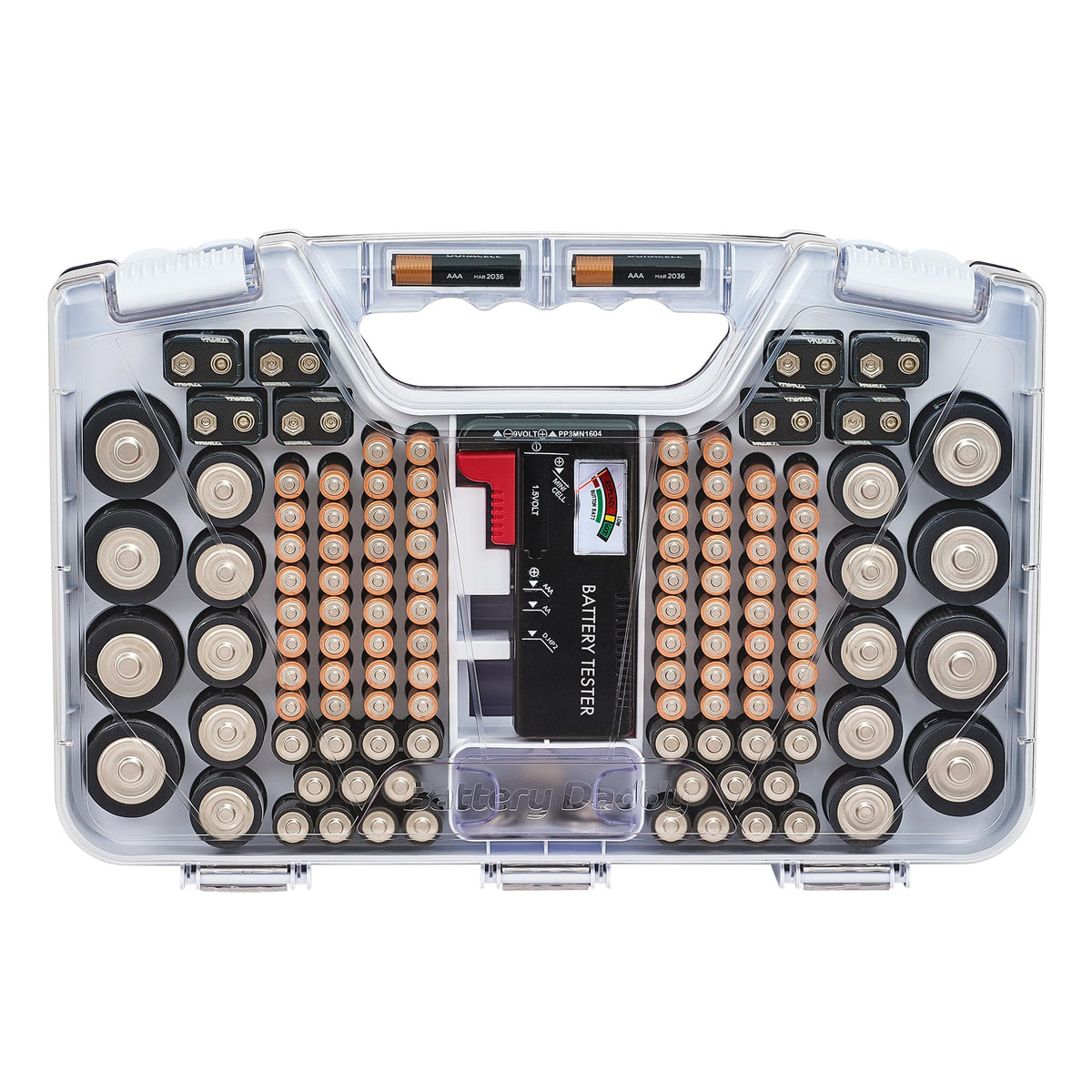 Battery Daddy Storage & Organizer Case with Tester, Stores & Protects Up to 180 Batteries, Double-Sided, Clear Locking Lid, Secure Latches & Portable Carrying Handle - White (Batteries Not Included)