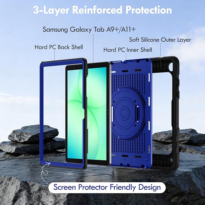 Case for Galaxy Tab A11 Plus 11 Inch 2025 and Galaxy Tab A9 Plus 11 Inch 2023 Heavy Duty Shockproof Rugged Protective Case with 360 Rotating Stand Kickstand Hand Strap and Shoulder Strap