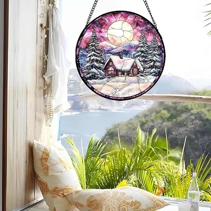 Stained Glass Window Hanging - Winter Snow Scene Cabin Moon Sun Catcher for Door Garden Home Decor Pine Tree Suncatcher Christmas Mother's Day Birthday Gifts for Women Men Mom Nana 11.8 in