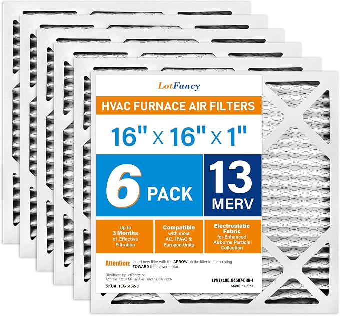 LotFancy 16x16x1 Air Filter MERV 13 6-Pack, Electrostatic Pleated HVAC Furnace