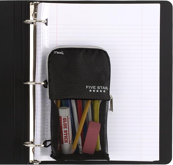 Five Star Pencil Pouch, Pen Case, Stand 'N Store Zipper Pouch, Fits 3-Ring Binder, Storage Organizer for Supplies Earbuds Chargers Cables Makeup, Black/Grey (505160A-ECM)