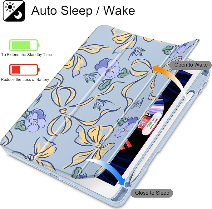 Case for iPad 9th/8th/7th Generation 10.2-Inch (2021/2020/2019 Release) with [Built-in Pencil Holder] Shockproof Cover with Clear Transparent Back Shell &amp Auto Wake/Sleep - Blue Bows