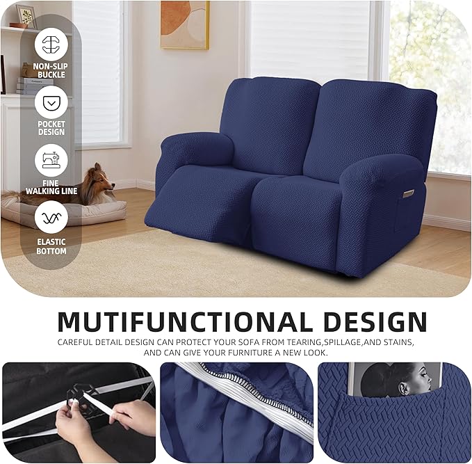 Genina Recliner Loveseat Covers, Stretch Reclining Sofa Covers, 2 Seater Couch Cushion Stripe Jacquard Recliner Slipcovers - Furniture Protector Covers for Pet Kid (Navy Blue)