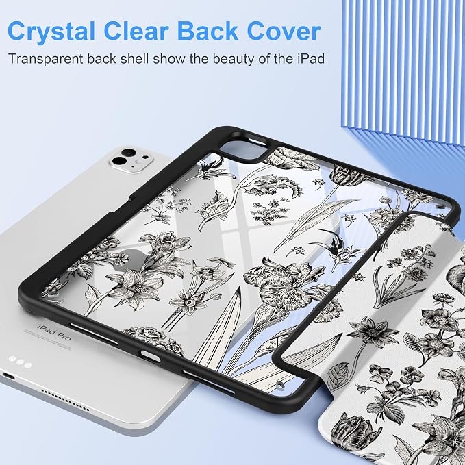 DONGKE for iPad Pro 11-Inch Case (M5 2025 / M4 2024) 6th/5th Generation [Auto Sleep/Wake &amp Pencil Pro Holder] Clear Acrylic Back Smart Trifold Stand Cover Bear &amp Cherry