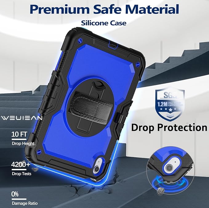 Weuiean Case for iPad A16 11th/10th Generation 11/10.9 Military-Grade Heavy-Duty Shockproof Cover with 360° Rotating Stand Built-in Pencil Holder &amp Adjustable Hand/Shoulder Strap - Black