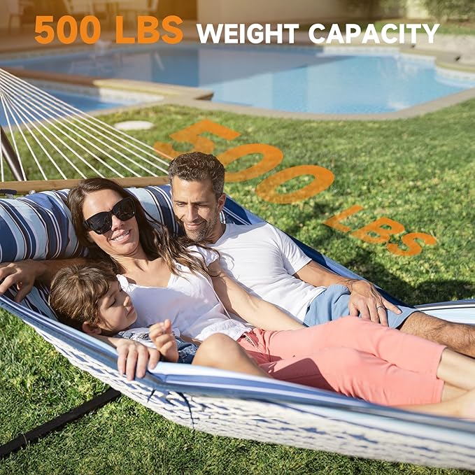 2 Person Outdoor Hammock with Stand, Cotton Rope Hammock with Polyester Pad, Adjustable Steel Frame, Portable with Carrying Bag – for Patio, Backyard, Garden, Beach, Blue Stripe