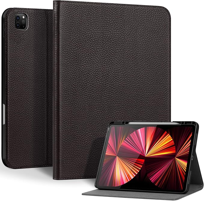 Genuine Leather Case for iPad 11th Gen 11/10th Gen 10.9 Black | Pencil Holder Adjustable Stand Auto Wake/Sleep Shockproof