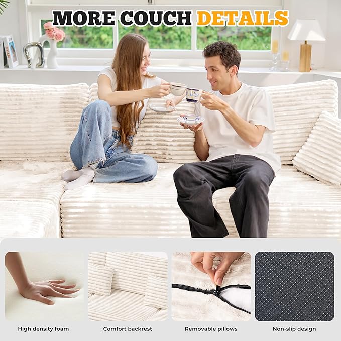 113" Modular Sectional Sofa Bed, Convertible Cloud Couches for Living Room with Ottoman, 6 Seater Corduroy Boneless Couch Sleeper Sofa Set, No Assembly Required, Beige 1 PCS