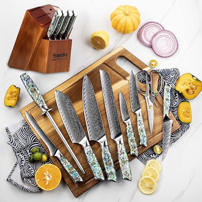 Seido Awabi 13-Piece VG-10 Damascus Knife Block Set, Abalone Handles