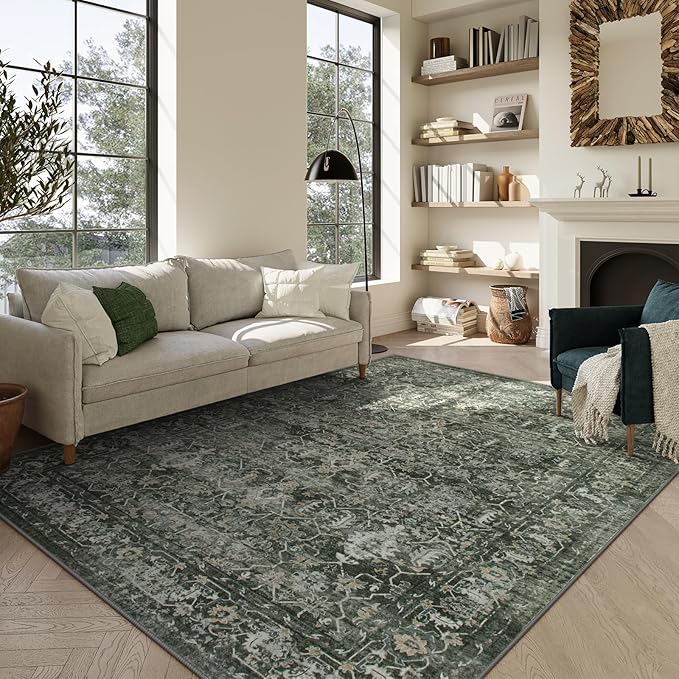 Lahome 6x9 Boho Green Area Rugs Washable Rugs for Living Room,Large Rugs for Bedroom Aesthetic,Distressed Non Slip Low Pile Dining Room Rug Carpet for Home Office Playroom(6'x9',Green)
