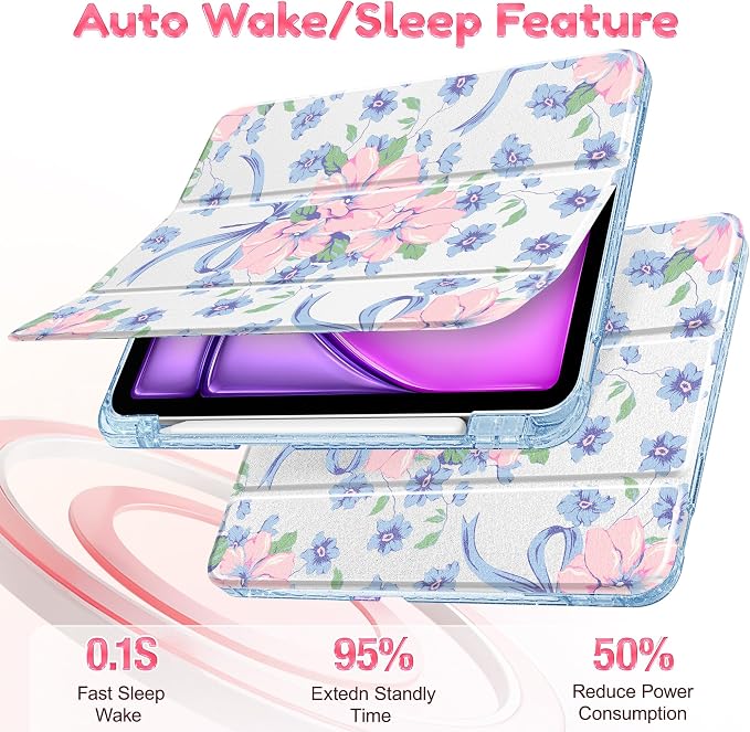 for iPad Air 11 inch M4/M3/M2 (2026/2025/2024) iPad Air 5th/4th Gen (2022/2020) 10.9 inch with Pencil Holder Glitter Clear Pretevtive Cover Auto Wake/Sleep Black Cartoon Stickers