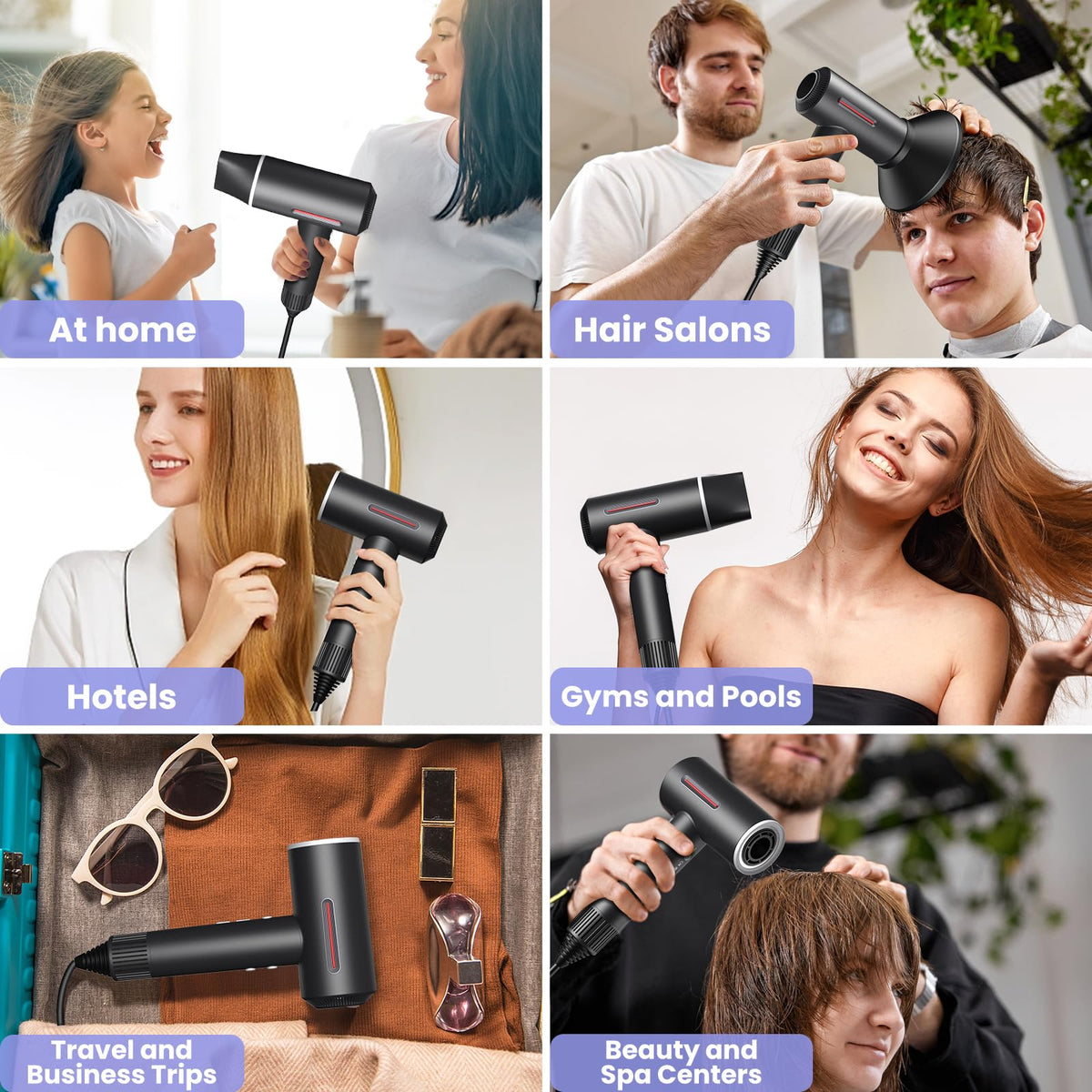 Hair Dryer, 1600W Professional Ionic High-Speed Blow Dryer for Fast Drying with Diffusers Nozzle and Styling Nozzle, Lightweight, Ultra-Quiet, Hair Dryer with 180000RPM Brushless Motor
