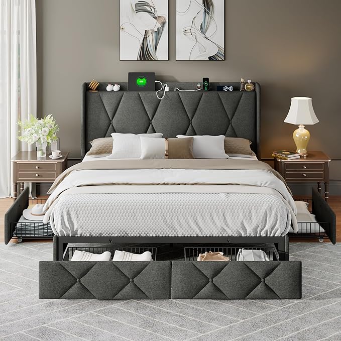 Feonase Queen Bed Frame with 4 Storage Drawers, Upholstered Button Tufted Storage Headboard with Fast Charging Station, Heavy Duty Slats Support, No Box Spring Needed, Noise-Free, Dark Grey