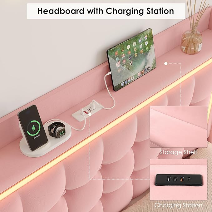 Keyluv Upholstered Twin Floating Bed Frame with RGB LED Lights and Charging Station, Velvet Platform Bed with Button Tufted Storage Headboard, Type-C & USB Charging Ports, No Box Spring Needed, Pink