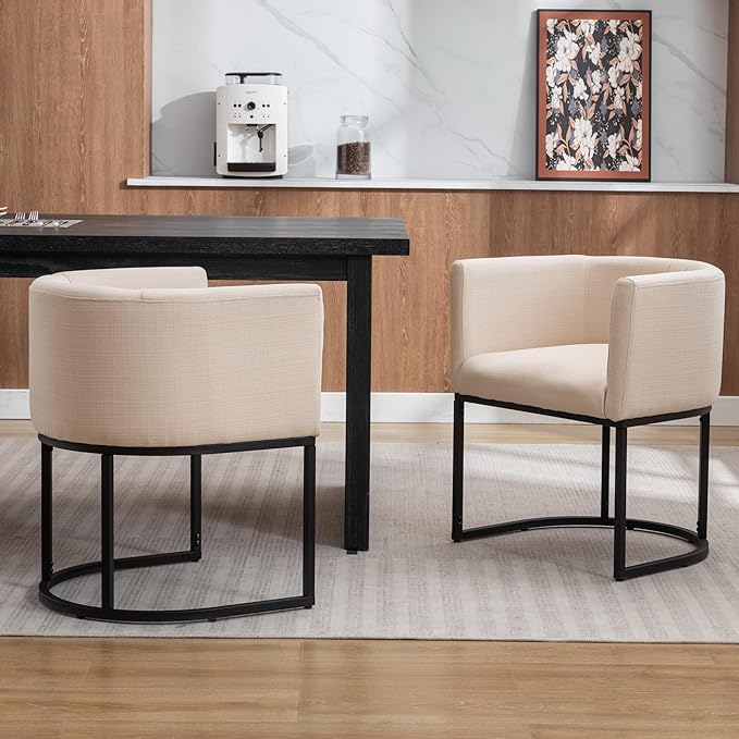 Linen Fabric Dining Chairs Set of 4 Modern Barrel Arm Chairs with Black Frame Upholstered Kitchen Chairs 18.5" Wide Accent Chairs for Living Room Dining Room Restaurant, Cream