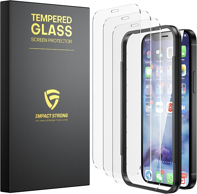 ImpactStrong 3-Pack Shatterproof Tempered Glass Screen Protector for iPhone 12 / iPhone 12 Pro [Easy Installation Frame] [Bubble Free] [9H Hardness] [Full Coverage] Case Friendly 6.1 Inch