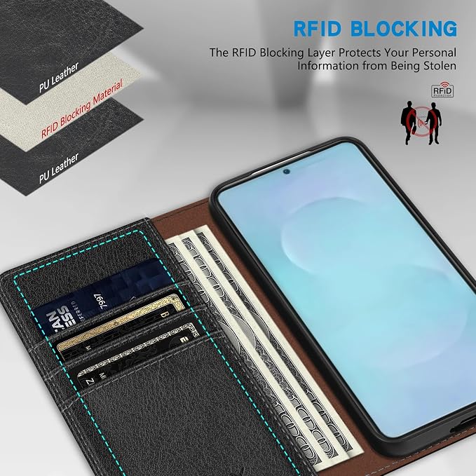 ZZXX for Samsung Galaxy S25 Wallet Case with [RFID Blocking] Card Slot Stand Strong Magnetic Leather Flip Fold Protective Phone Case for Samsung Galaxy S25 Case Wallet(Black-6.2 inch)