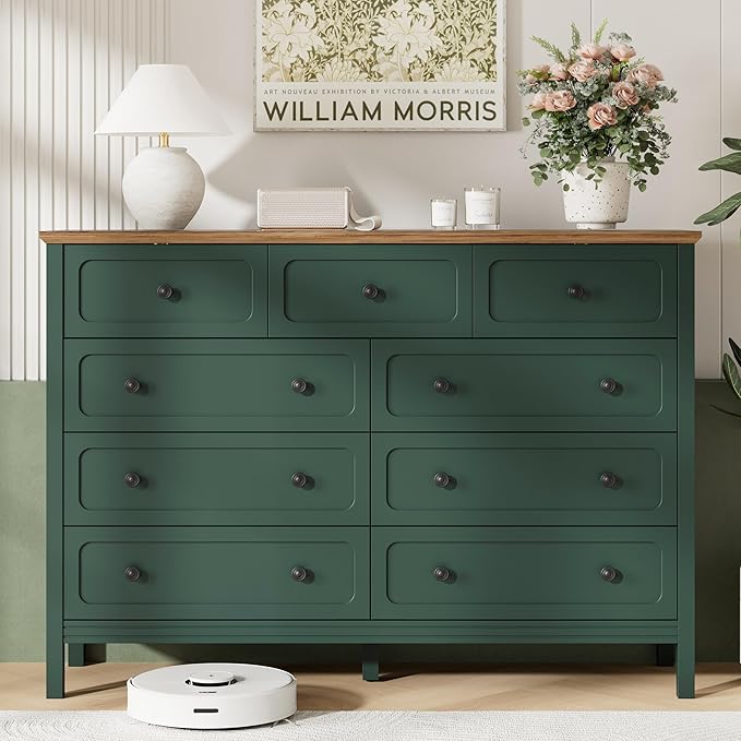 Dresser for Bedoom, Modern Chest of Drawers, Wood 9 Drawer Dresser with Metal Handles, Storage Organizer Wide Dressers for Living Room, Hallway, Entryway, Green