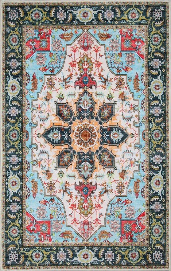 WILLSUN Washable Area Rugs, 6x9 Non-Slip Boho Large Area Rugs for Living Room, Bedroom, Machine Washable Vintage Rug, Indoor Floral Print Carpet for Home Decor, Kid & Pet Friendly Mat
