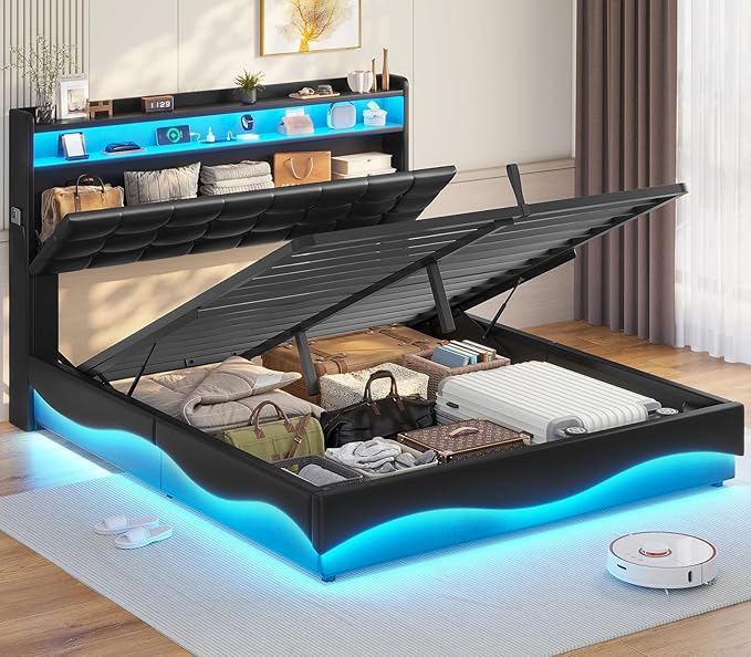 ADORNEVE Lift Up Storage Full Size Bed Frame with Type-C Charging Station& Hidden Storage Headboard, LED Lights Upholstered Platform Bed,Full Bed with Hydraulic, No Box Spring Needed,Black