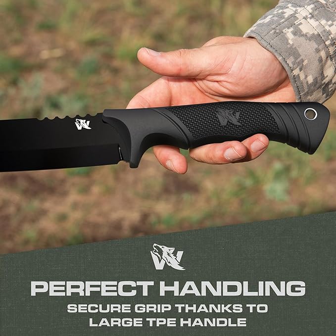 ODENWOLF W Machete - Survival Machete Full Tang with Sheath - Strong D2 Steel Knife Machete for Cutting Trees, for Yard Work, and for Bushcrafting and Big Tactical Knife with TPE-Handle