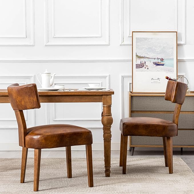 Set of 4 PU Leather Upholstered Side Chairs, Modern Kitchen Armless Parson Chairs Solid Wood Dining Chairs, Brown