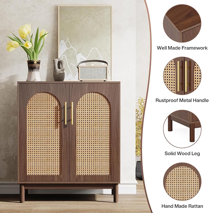 Tribesigns Set of 2 Rattan Sideboard Buffet Cabinet with Storage, 59 Inch Accent Cabinet for Dining Room, Living Room, Kitchen, Rattan and Dark Brown