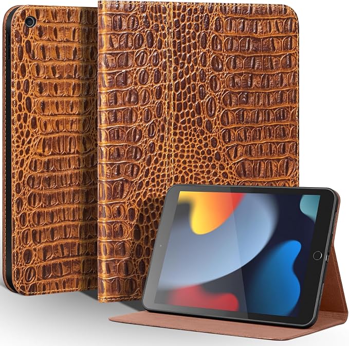Leather Case for iPad 10.2 InchiPad 9th / 8th / 7th Generation Case (2021/2020/2019) Full Grain Leather CoverSmart Folio with Auto Sleep/Wake Anti Slip Crocodile Brown