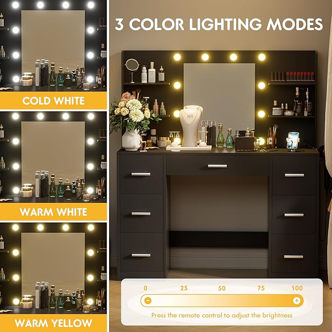VICTONE Vanity Desk with LED Lighted Mirror&Power Outlet, 3 Model Lights Makeup Vanity Table with 7 Drawers and 6 Storage Shelves for Bedroom and Dressing Room (Black)