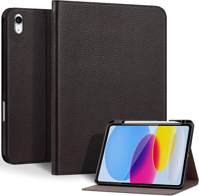 Genuine Leather Case for iPad 11th Gen 11/10th Gen 10.9 Black | Pencil Holder Adjustable Stand Auto Wake/Sleep Shockproof