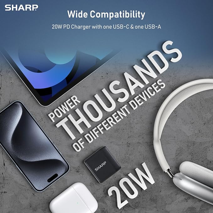 Sharp USB C Charger - 20W Dual Port (USB A+C) Compact Foldable GaN Fast Charge for iPhone 15/15 Pro/15 Pro Max/14/13/12 Pad Pro/AirPods and More Black GW-20PDA201U-BLK