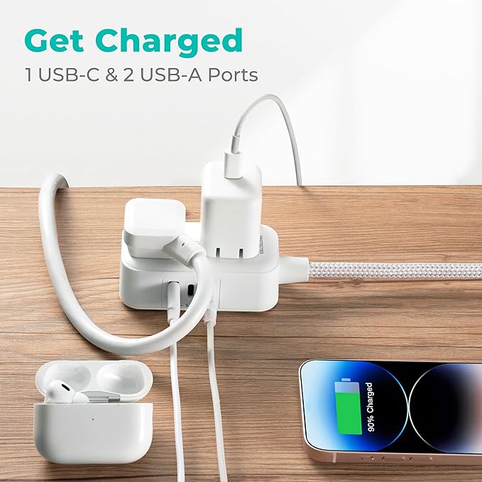 KMC 2-Outlet Mini Surge Protector Power Strip, 1 USB-C & 2 USB-A Ports, 245J Surge Protection, 5ft Braided Cord, 3-Prong Low-Profile Flat Plug, UL/ETL Certified, White