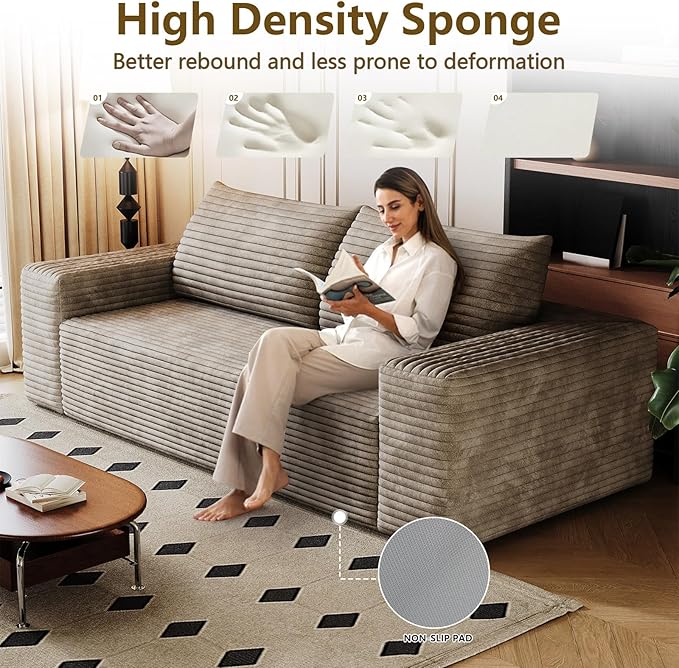 63" Boneless Loveseat Sofa - Cloud Couch with Memory Foam, Comfy Deep Seat - Corduroy Floor Sofa, No Assembly Required - Small Space Friendly for Living Room, Bedroom, Apartment, Camel
