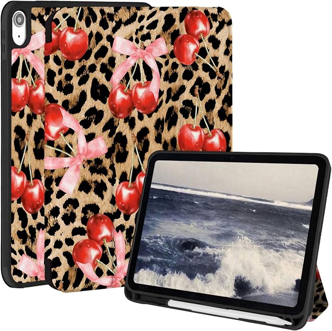 Case for iPad 9th/ 8th/ 7th Generation Case 10.2&amp10.5 Inch (2021/2020/2019 Release) Slim Lightweight Soft Trifold Back Cover with Pencil Holder &amp Auto Sleep/Wake Cover Cherries Cheetah Bows