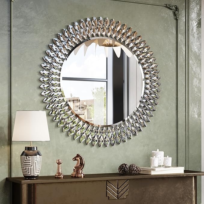 Kelly Miller Jeweled Mirror for Wall, 28 Inch Round Luxury Mirror with Sparkling Diamonds Beveled Modern Wall Decor for Bathroom, Living Room, Bedroom, Hallway