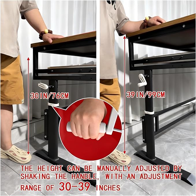 Studio Desk with Keyboard Tray | Hand-Crank Adjustable Standing Desk Workstation for Music Production, Cable Management, MIDI Keyboard Shelf (White, 47in)