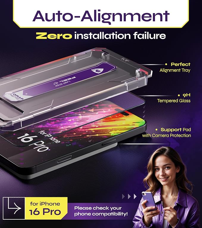 for iPhone 16 PRO Screen Protector (2Pack) 6.3 Tempered Glass 9H Hardness Ultra HD Clear Case Friendly Easy Auto-Dust &amp Align Install Kit WonderShield