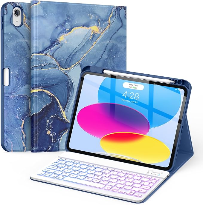 Soke for iPad (A16) 11th/10th Gen Case with Keyboard Black Marble | For iPad 11/10.9 inch(2025/2022) 7 Color Backlight Magnetic wireless Detachable Keyboard Case Built-in Pencil Holder