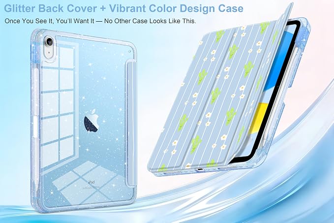 MEEgoodo Case for iPad A16 11th Generation 2025/10th Generation 2022 Glitter Tablet Cases with Transparent Acrylic Back+Trifold Stand +Pencil Holder+Auto Wake/SleepAbstract Sun &amp Palm Tree