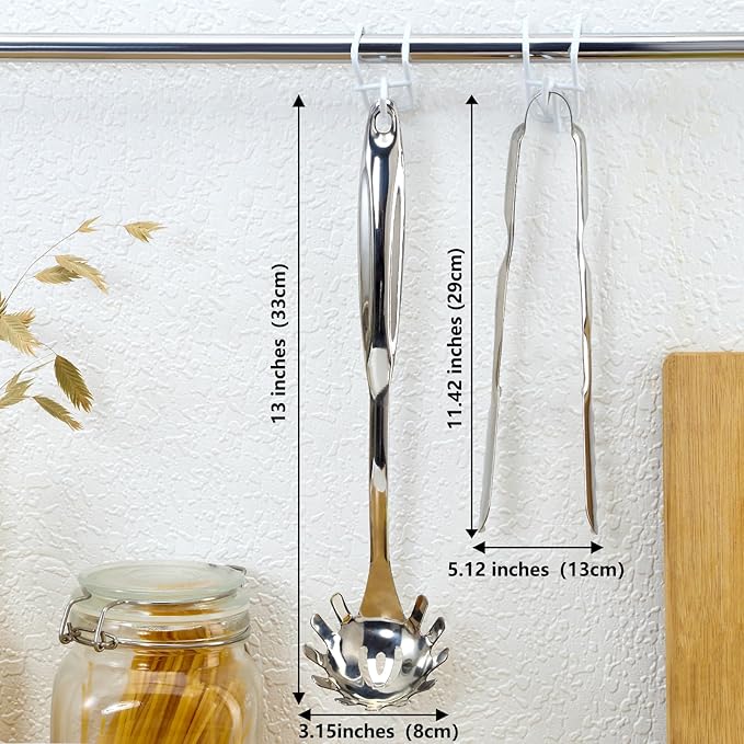 Pleafind Spaghetti Spoon and Spaghetti Tong 2-Piece Set, 13-Inch Non-Stick Spaghetti Fork and 11.4-Inch Kitchen Tong, Easy Storage and Cleanup, Ergonomic Design, Stainless Steel